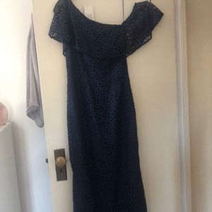 Beautiful midnight eyelet one shoulder gown!